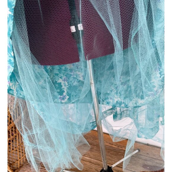 Vintage 1950d Floral  Blue Dress With Puff Sleeves Tulle Puff Skirt Sz Small - Picture 7 of 16